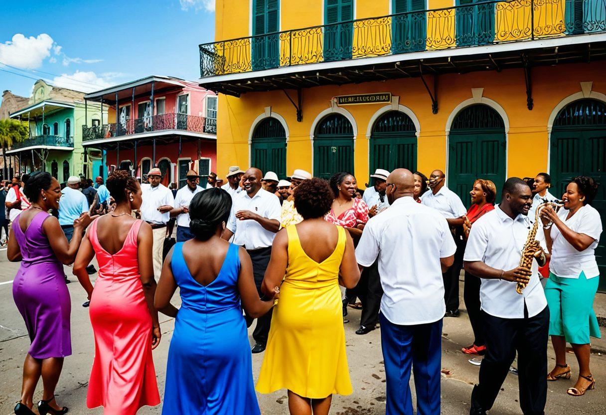 A warm and inviting scene depicting a diverse group of people joyfully engaging in community activities in New Orleans, with colorful murals in the background celebrating culture and togetherness. Include elements like live jazz music, shared meals, and laughter to emphasize the spirit of support and happiness. Bright, vibrant colors and sunshine to create an uplifting atmosphere. super-realistic. vibrant colors. lively urban setting.