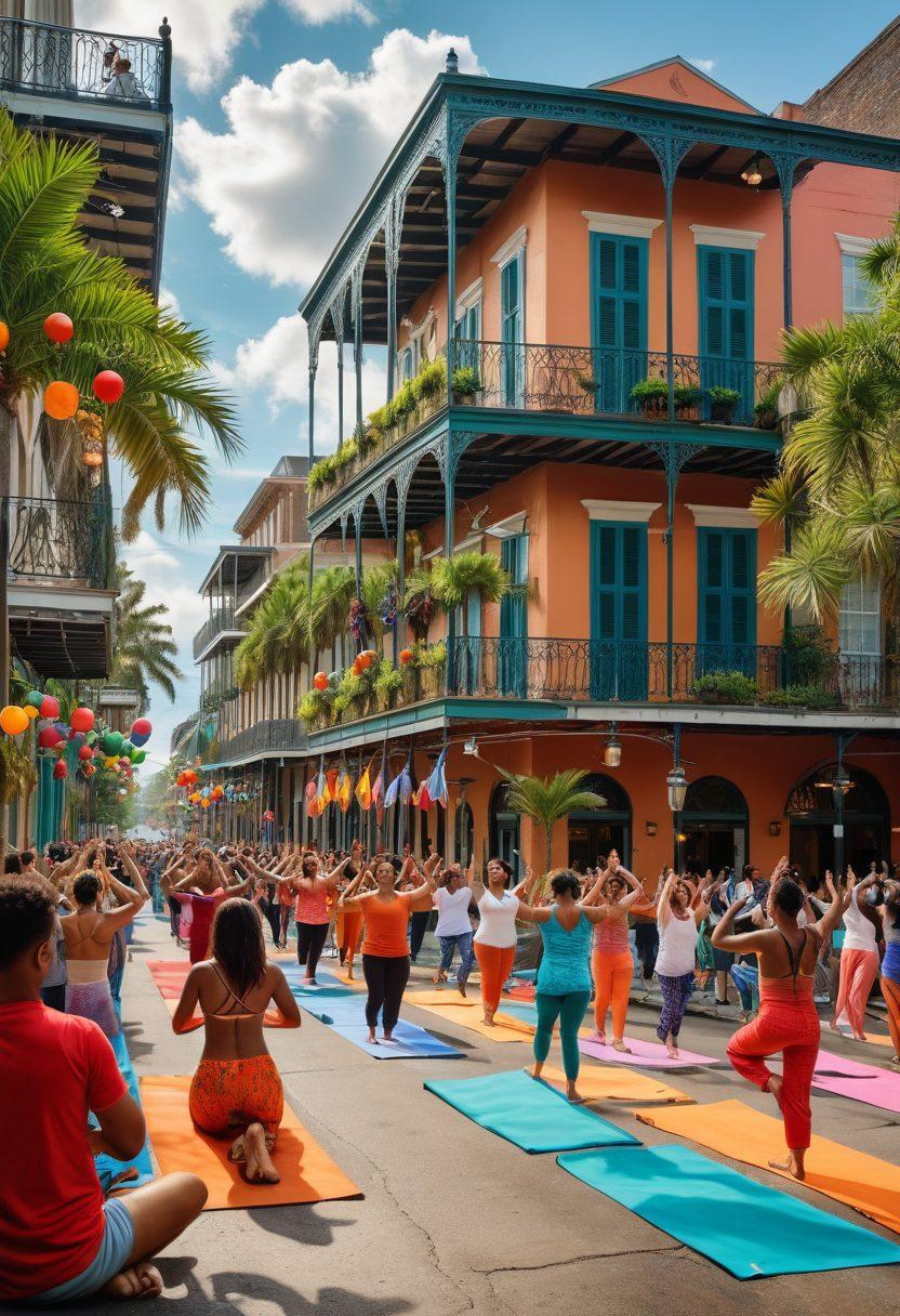 A vibrant street scene in New Orleans filled with joyful people celebrating a community event, featuring colorful decorations, performers in traditional attire, and a backdrop of iconic NOLA architecture. Include diverse individuals engaging in wellness activities, like yoga or meditation, with lush greenery all around. The atmosphere should be lively, radiating happiness and connection. super-realistic. vibrant colors. 3D.